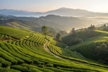 A serene landscape of lush green tea terraces on rolling hills, bathed in golden sunrise light with misty mountains in the distance generative ai