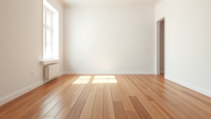 Fototapeta premium Minimalist mid-century modern living space with wooden floors and soft natural light from a window.