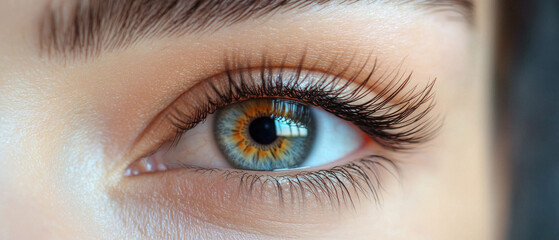 Close-up of an eye with long eyelashes showing details of the iris. Useful for medical presentations, cosmetic advertisements and anatomy educational materials.