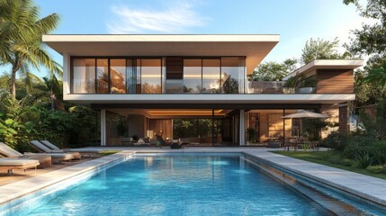 Fototapeta premium Modern house with swimming pool and panoramic windows surrounded by tropical vegetation. Useful for articles on interior design and architecture.