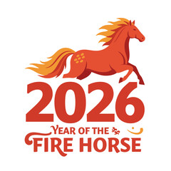 Fire Horse with 2026 and ‘Year of the Fire Horse’ Flat Badge Icon