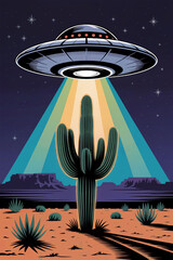 A vibrant travel decal illustration showcasing a
classic flying saucer hovering above the New Mexico desert.