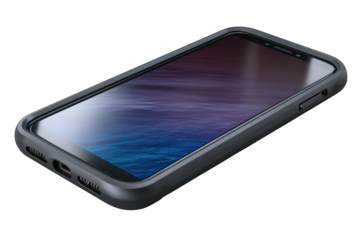 Sleek dark gray smartphone with a textured screen and protective case isolated on transparent background