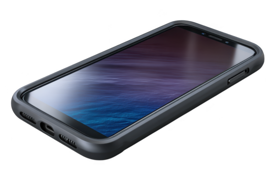 Sleek dark gray smartphone with a textured screen and protective case isolated on transparent background