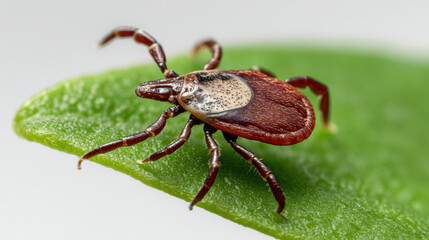 a deer tick on the edge of a green leaf, macro shot, 3d illustration. 
