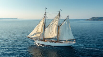 A majestic sailing ship sails on a calm sea with tall masts and unfurled sails. Mountains can be seen in the distance. Inspirational social media posts, articles on travel and maritime adventures.