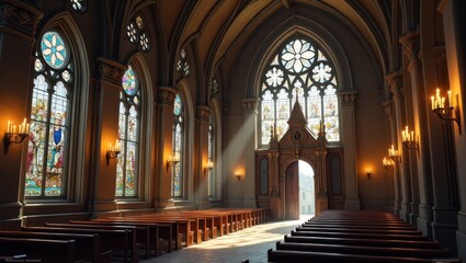 Fototapeta premium Spacious interior of a gothic church with stained glass windows.
