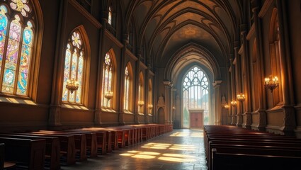 Fototapeta premium A sunlit interior of a gothic cathedral.