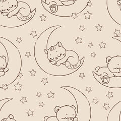  Seamless pattern with cute bear sleeping on moon and stars. Soft beige background vector hand drawn