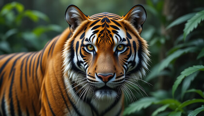Fototapeta premium Close-up portrait of a majestic Bengal tiger, showcasing its striking stripes and intense eyes, a powerful wildcat in its natural element