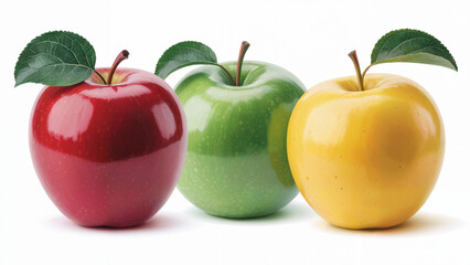 Fresh Red, Green, Yellow Apples with Leaves – High-Resolution White Background