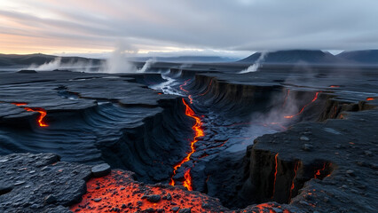 Volcanic Fault (16:9), Public Domain, Icelandic-Style Fissure with Fresh Lava Flows, Fissures Rising at Dawn, Panoramic View