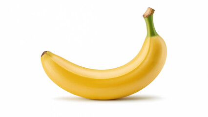 Single Ripe Yellow Banana on White - Fresh Fruit with Green Stem