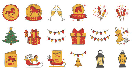 Set of 15 Flat Icons for 2026 Fire Horse Year with New Year Elements