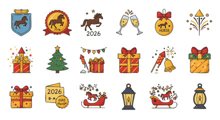 Set of 15 Flat Icons for 2026 Fire Horse Year with New Year Elements