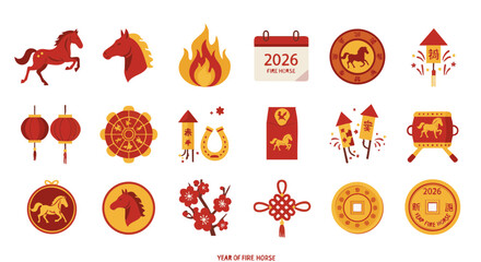 Set of 15 Flat Icons for 2026 Year of the Fire Horse on White Background