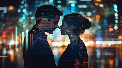 Romantic silhouette of a couple against a vibrant cityscape with digital overlays at night - Powered by Adobe