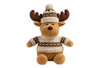 Isolated Cute Moose Plush Toy Wearing Winter Outfit