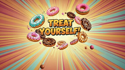 Colorful donuts burst with dynamic motion and treat yourself message in retro style