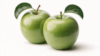 Two Fresh Green Apples with Leaves – Glossy Fruit on White Background