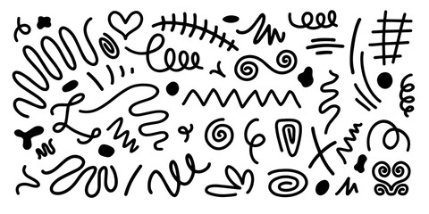 Set of black hand drawn anime manga doodle line elements curved charcoal, abstract shapes, graphic effects for character emotion. Scribble stroke symbols vector 