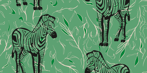 Zebra Animal Print on Green with Leafy Foliage Pattern