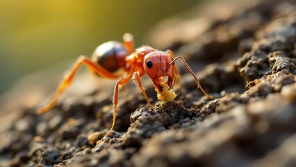 Makro close-up semut membawa bunga putih di atas kayu. Cocok untuk edukasi biologi, visualisasi konsep kerja keras, atau ilustrasi dunia serangga secara detail