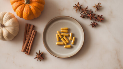 Minimalist setup with turmeric capsules on a neutral plate, flanked by a pumpkin, cinnamon sticks, and star anise 