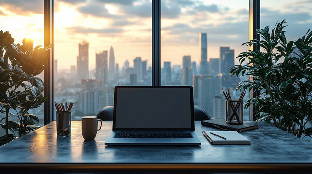 An open laptop with a blank mockup screen placed on a sleek and modern work table in a luxurious executive office, accompanied by a stylish desk chair.