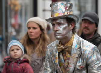 Street performer dressed as living statue in metallic silver paint costume and top hat entertaining crowds on busy pedestrian street with onlookers.