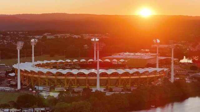 Aerial Sunset Flyover of Australian Football Stadium
