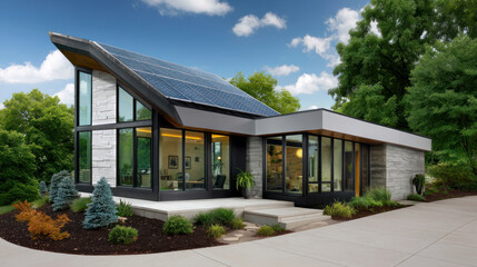 Obraz premium solar panels, photovoltaics roof of a house and a beautiful skyn. Alternative electricity source. Concept of sustainable resources. super modern, modernized and cozy house in the nature