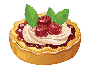 Beautiful Cherry Tart Creamy Topping Mint - Vector Illustration