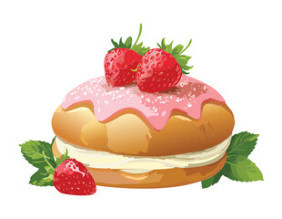 Sweet Strawberry Cream Pastry - Vector Illustration