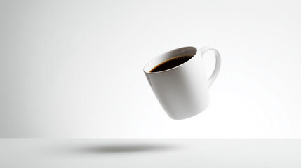 白い空間に浮いている白いコーヒーカップに入ったコーヒー