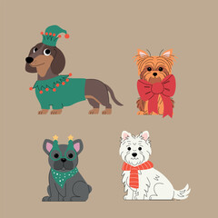 Cute cartoon dogs in festive Christmas costumes including hats, scarves, and bows. Holiday themed pet illustration with dachshund, yorkie, french bulldog, and westie on beige background. Vector