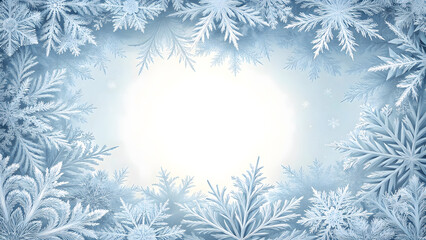 Intricate frost patterns and delicate snowflakes forming a beautiful icy border on a soft white background
