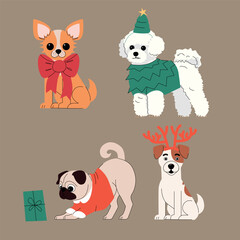 Adorable cartoon dogs in Christmas outfits including bows, sweaters, antlers, and tree costumes. Festive holiday pet illustration with playful and sitting dogs on beige background. Vector illustration