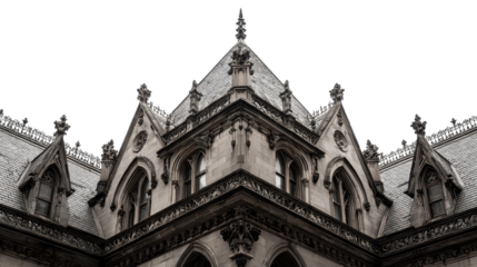 Intricate detail of a gothic architectural building's rooftop. transparent background