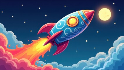 Obraz premium Rocket ship launches into the night sky.