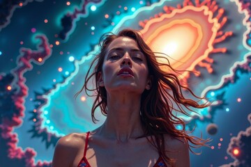 A woman immersed in a celestial dance: a collection of images capturing her surrounded by swirling galaxies and nebulae from various perspectives, evoking a captivating sense of motion.