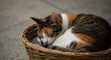Cat Sleeping in Wicker Basket &ndash; Close-Up with Warm Lighting and Soft Focus on Detailed Fur