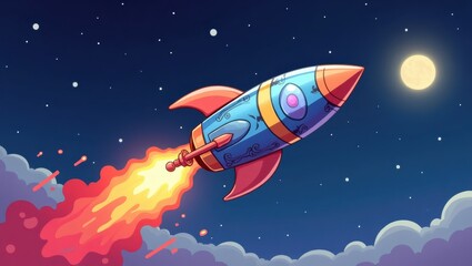 Obraz premium Colorful rocket ship soaring through the night sky.
