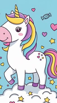 Colorful cartoon unicorn dancing on cloud with hearts and stars