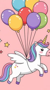 Whimsical unicorn balloon adventure: cheerful journey through a magical sky