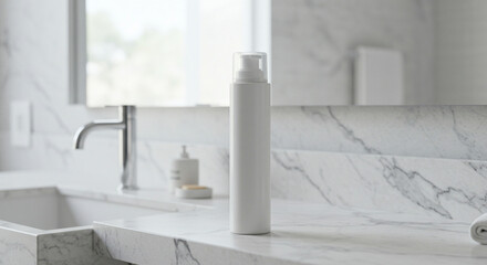 Sleek white bottle of skincare product sits on a modern marble bathroom counter.