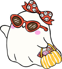 Naklejka premium Cute Spooky Summerween ghost sassy girl Halloween Summer cartoon hand drawn doodle