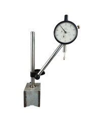 Dial gauge with magnetic base checking on steel plate for engineer inspector isolated on white...