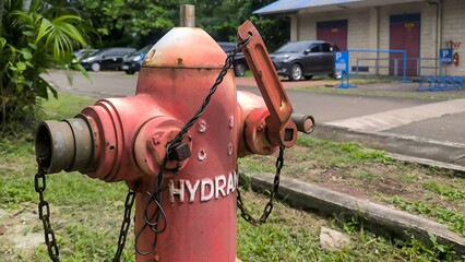 Close-up of a weathered fire hydrant valve with a chain and wrench for emergency water access.