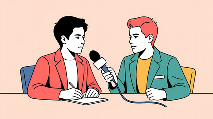 Two men in a formal interview setting, one holding a microphone and asking questions, the other taking notes